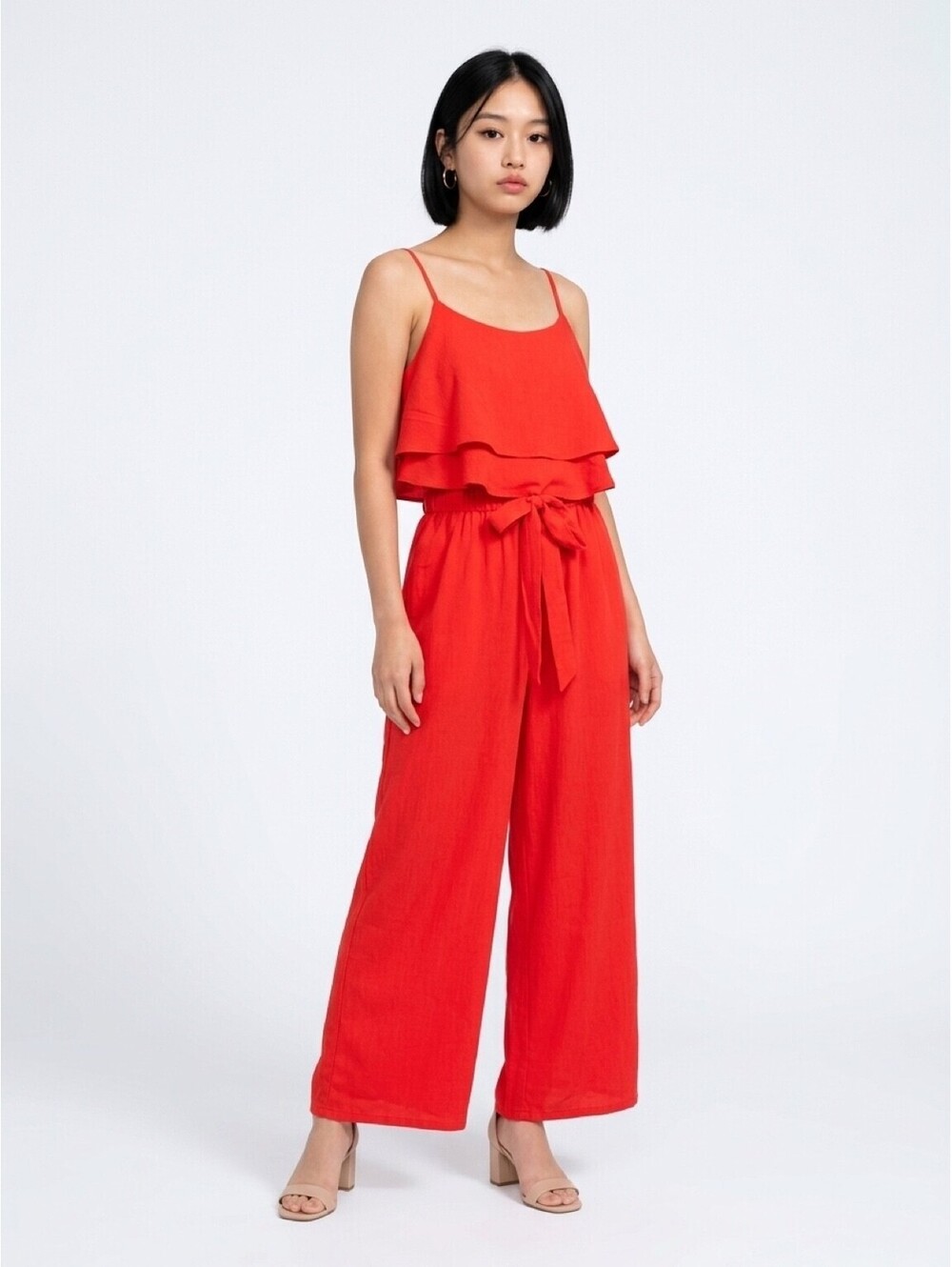 Red Ruffle Layered Wide Leg Jumpsuit with Tie Waist
